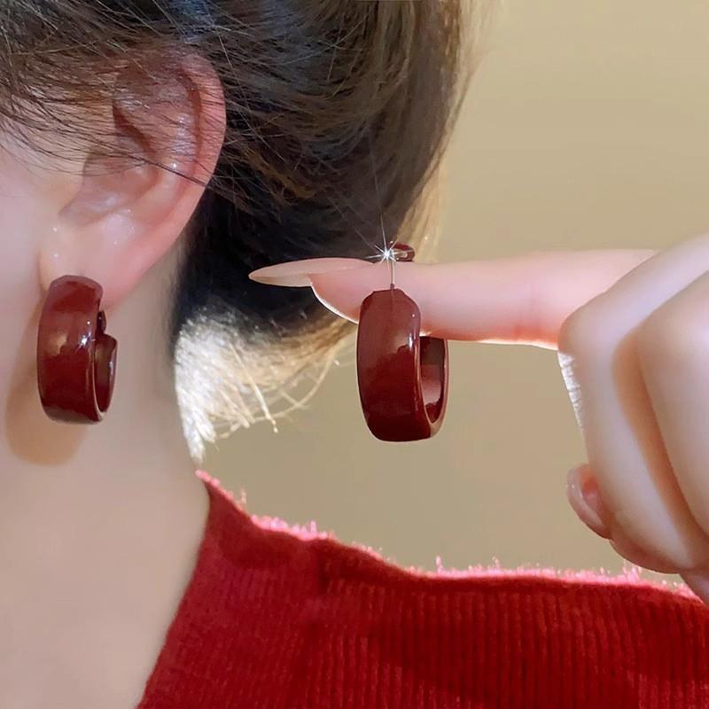 Red Ribbon Bow-knot Vintage Stud Earrings For Women Korean Fashion Autumn Winter Simple Bow Red Stud Earrings Geometric Earring