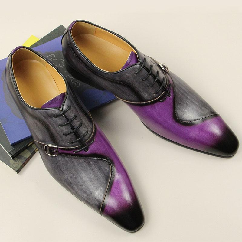 Fashion Men Leather Shoes High Quality Oxford Lace Up Side Metal Buckle Gray Purple Color Matching Handmade Business Office Formal Shoes