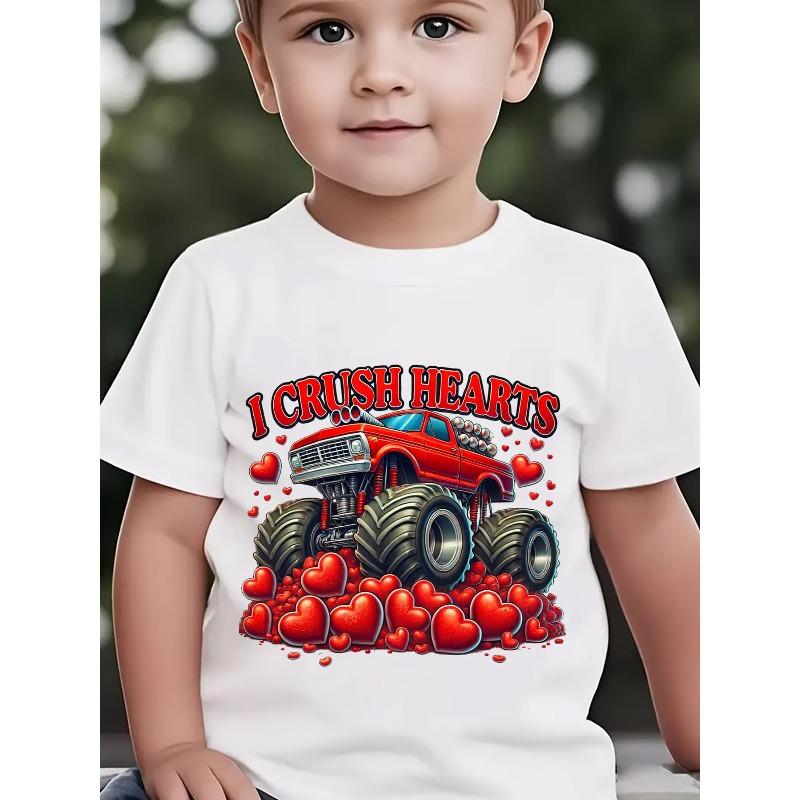 Boys Heart Print T-Shirt Short Sleeve Summer Top with Heart Stacks Cute Casual Round Neck Tee for Heart Proof Outfit