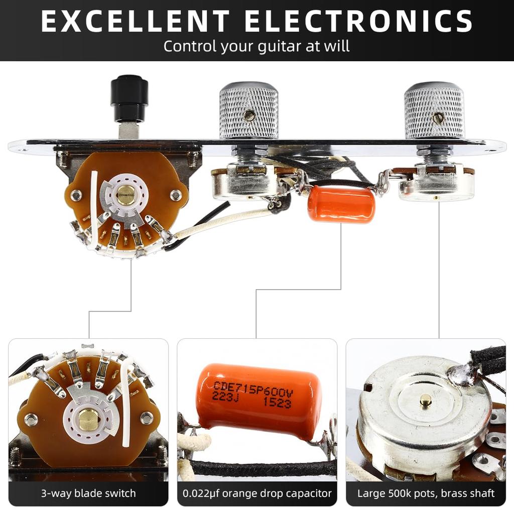 Domofa Loaded Telecaster Electric Guitar Control Plate Pre-wired 3-Way Switch 500K Potentiometer Tone Volume Knobs Wiring Harness Chrome