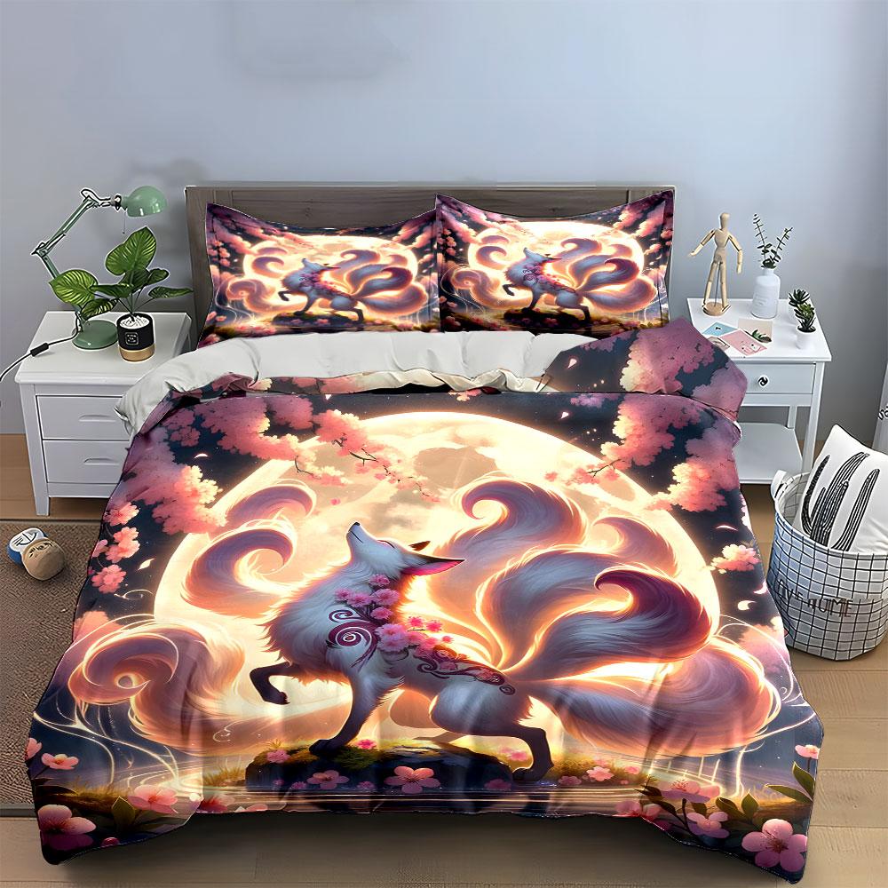 Elegant Fox Under Moonlight Scene  Kid'S And Adults' Bedroom Decor, Exquisite Three-Piece Bedding Set Gift