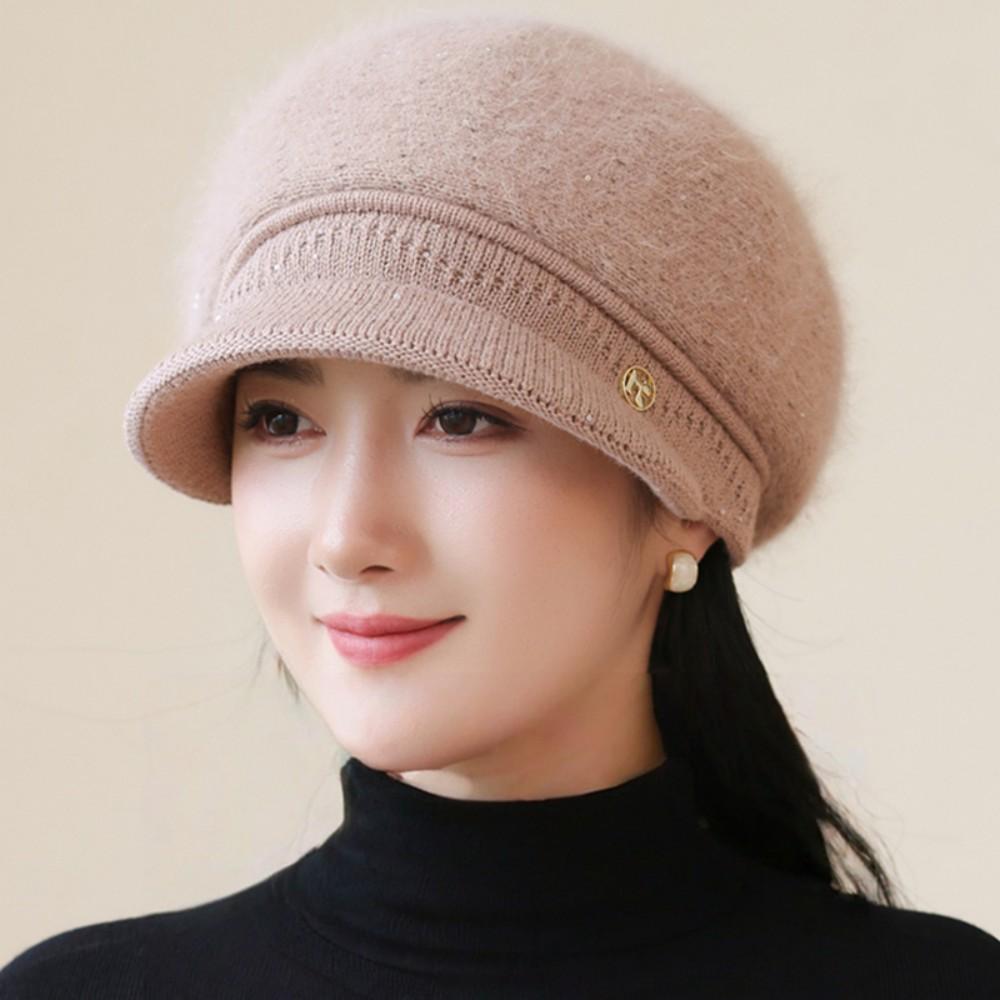 New Women Fashion Winter Warm Hat K Letter Plush Fur Lined Warm Hats For Women Casual Rabbit Fur Blend Outdoor Dandy Knitted Cap