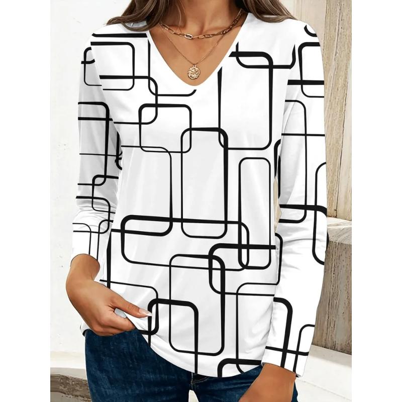 Fashion Women's V-Neck Long Sleeve 3D Casual Color Printing Casual Long Sleeve V-Neck T-Shirt