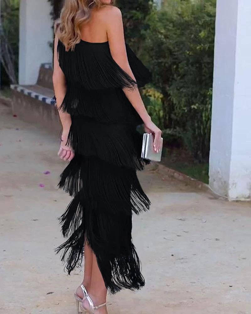  Spring/Summer Asymmetric Tassel Evening Dress - European & American Fashion