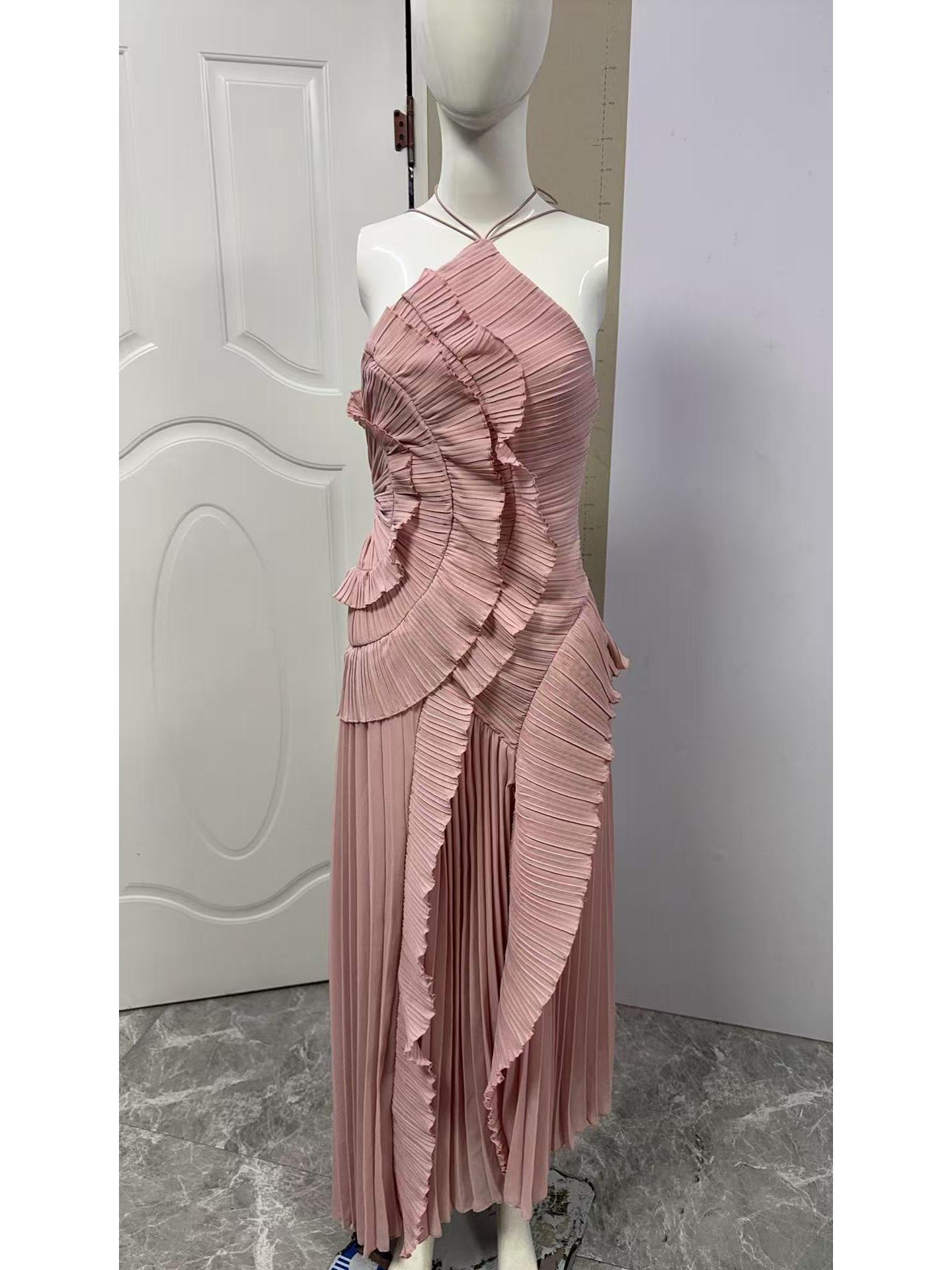 

High-End Women s Chiffon Midi Dress with Ruffle Pleats, European and American Fashion XL