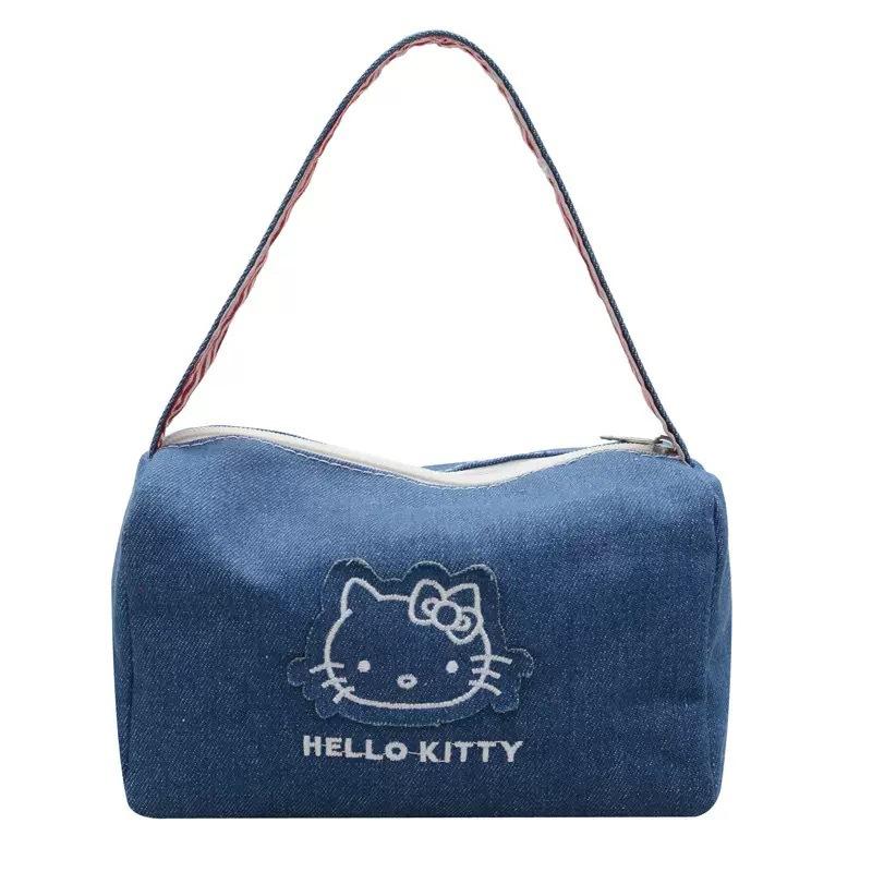 Cartoon Kitty Cat Denim Handbag Portable Kawaii Plush Bags Casual Handbag Cute Kitty Cat Makeup Bag Girls Women's shoulder bag