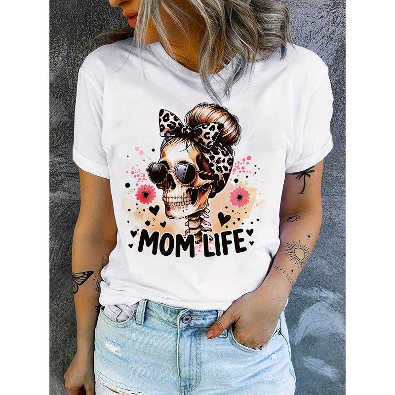 Skull Portrait Letter Print Round Neck Halloween T-Shirt, Casual Daily S Shirt, New Holiday Costume Short Sleeve Top