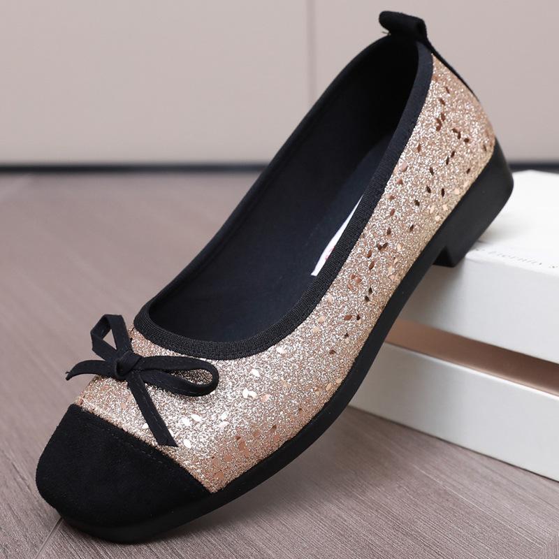 2025 New Women's French-Style Sequined Bow Flats: Square Toe, Shallow Mouth Evening Shoes