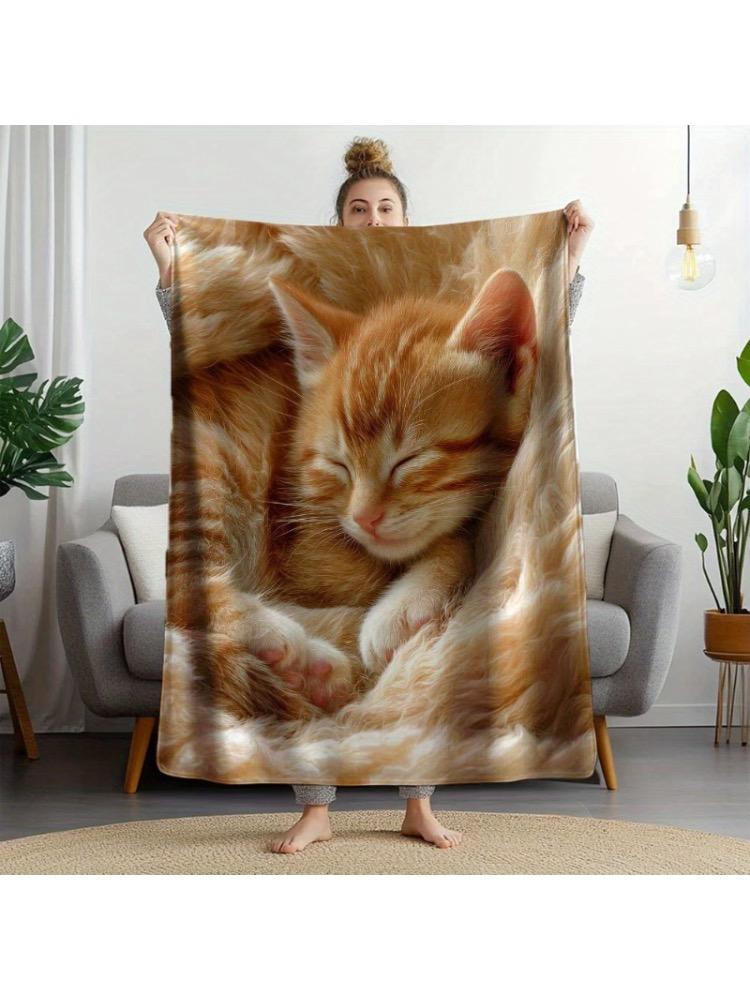 

1pc Vintage Ginger Kitten Print Flannel printed blanket suitable for all seasons suitable for living room office sofa and travel 75x100cm