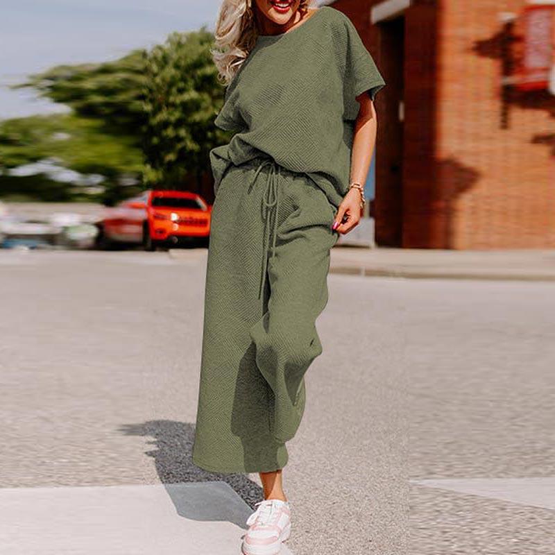 Sets for Women Summer Lounge Sets O-Neck Tops Wide Leg Crop Pants Vacation Travel Outfits