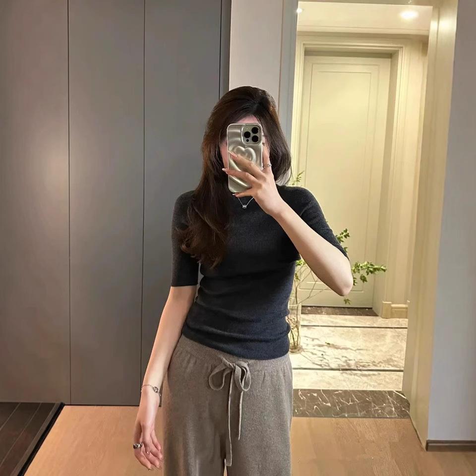 

Half High Neck Knitted Sweater Slim Fit, Five Sleeve Top - New Autumn Fashion Slimming Base Shirt XL/Suggested 125-145 jin чорний