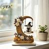 Novelty Ghost Swing Crafts Halloween Moon Figurine, Reading On with Floral Natural Wood Spooky Decor Pumpkin Accents, Wooden Bookshelf for Desk Mantel