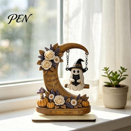 Novelty Ghost Swing Crafts Halloween Moon Figurine, Reading On with Floral Natural Wood Spooky Decor Pumpkin Accents, Wooden Bookshelf for Desk Mantel