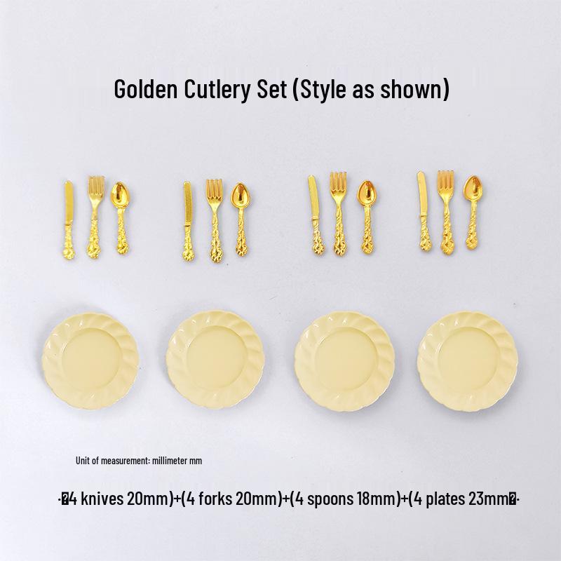 Miniature Dollhouse DIY Model Cake Set: Alloy Plate, Knife, Fork & Spoon Props