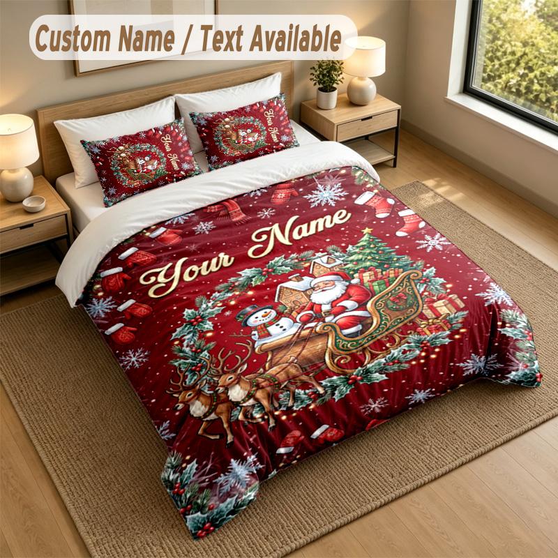 Christmas Theme Personalized 3Pcs Bedding Set Custom Text & Name 1 Sheet 2 Pillowcases Household Bedding 1pc