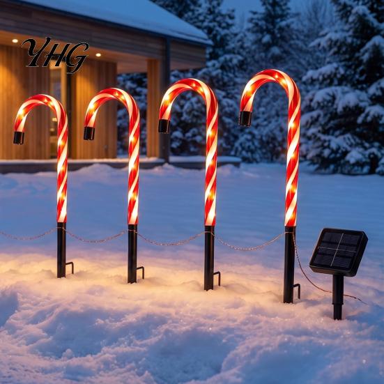 Holiday Yard Ornaments 4Pcs Solar Candy Cane Pathway Lights, Christmas Outdoor Stake Waterproof Decorative Stakes Garden Lights for Lawn Patio