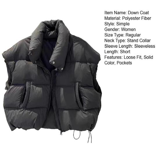 Women Down Vest Stand Collar Sleeveless Zipper Closure Winter Waistcoat with Pockets Solid Color Casual Loose Fit Short Jacket