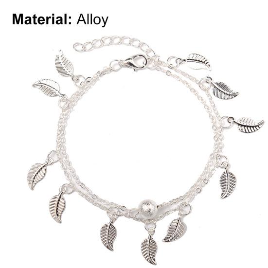 Women Anklet Two Layers Leaves Pendant Jewelry Bead Adjustable Long Lasting Chain Anklet