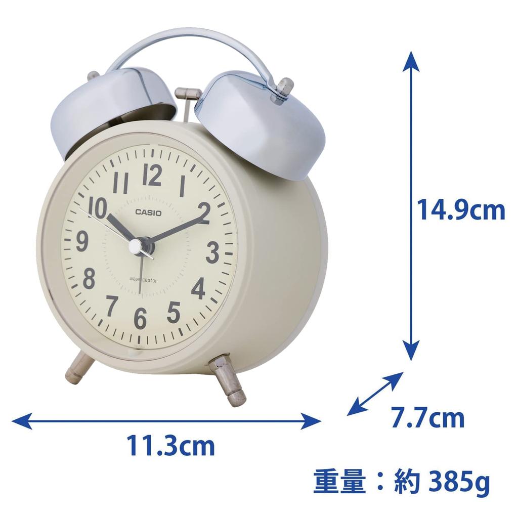 Casio TQ-720J-7BJF Radio-Controlled Alarm Clock, Beige, Analog, Twin Bells, Snooze Function, and Light