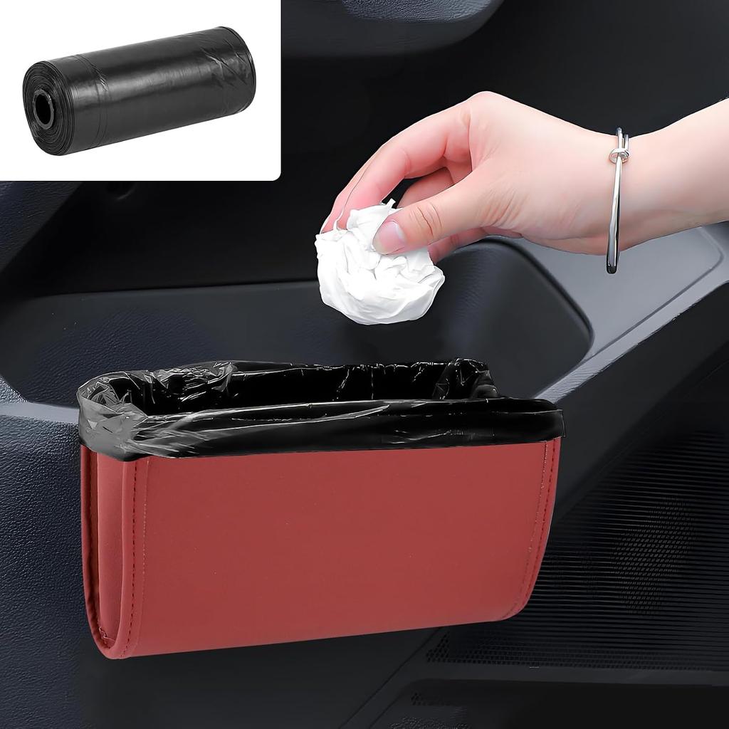 Hovom Car Trash Can, Leather Waterproof Automotive Garbage Can with Trash Bag, Hanging Mini Vehicle Trash Bin, Small Auto Door Organizer Storage