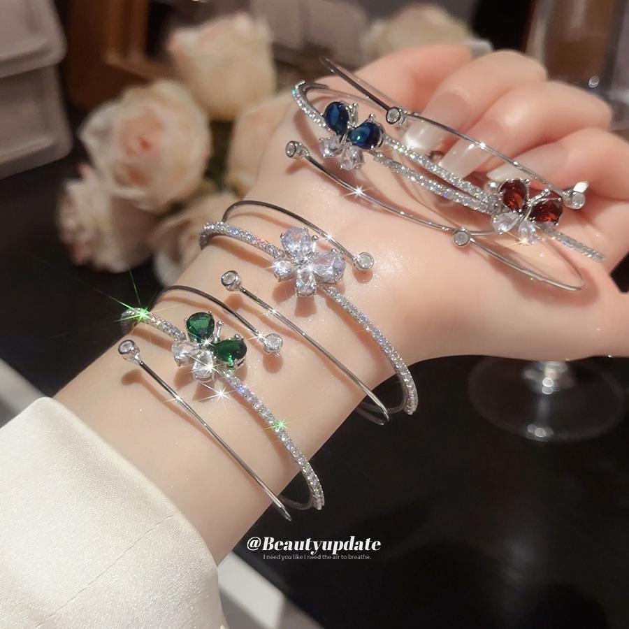 Elegant Zircon Butterfly Water Drop Open Bracelet: Three-Layer Design for Women