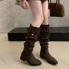 Fashion Comemore Suede Knight Boots Women 2025 New Autumn Retro Pleated Fashion Chunky Heeled Shoes for Women Solid Long Botas Femininas