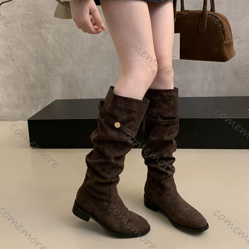 Fashion Comemore Suede Knight Boots Women 2025 New Autumn Retro Pleated Fashion Chunky Heeled Shoes for Women Solid Long Botas Femininas