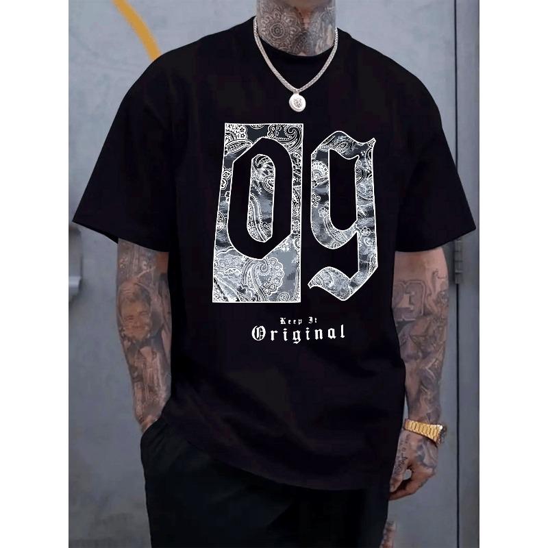 

European Size Men S Top with Paisley Pattern And Letter Print, Casual Short-Sleeve Round-Neck T-Shirt, Suitable for Summer And Spring 4XL чорний