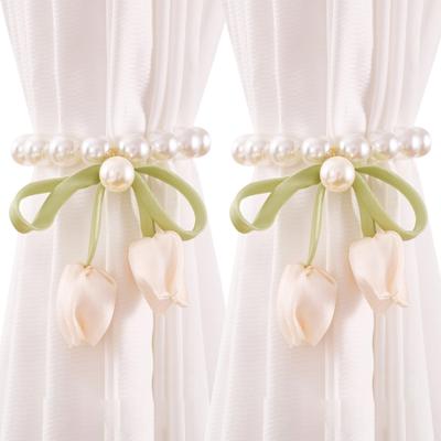 2Pcs Magnetic Clasp Curtain Holdbacks Tulips Bowknot Pearls Beads Window Drape Tiebacks for Living Room Bedroom Decors