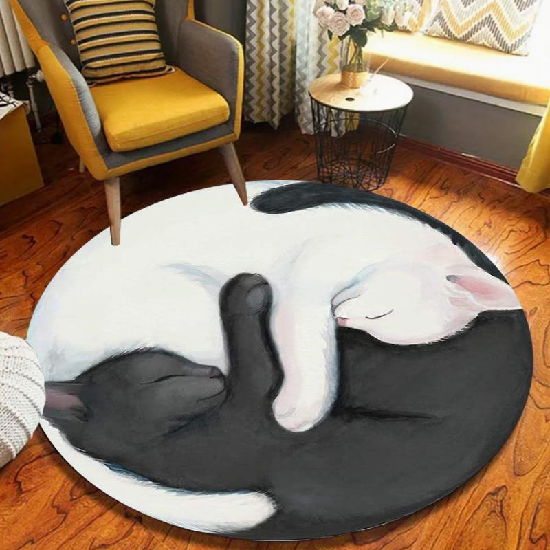 Yin Yang Cat Round Rug Sleeping Kitten Pattern Cute Home Decor Carpet Soft Non-Slip Floor Mat for Living Room Bedroom