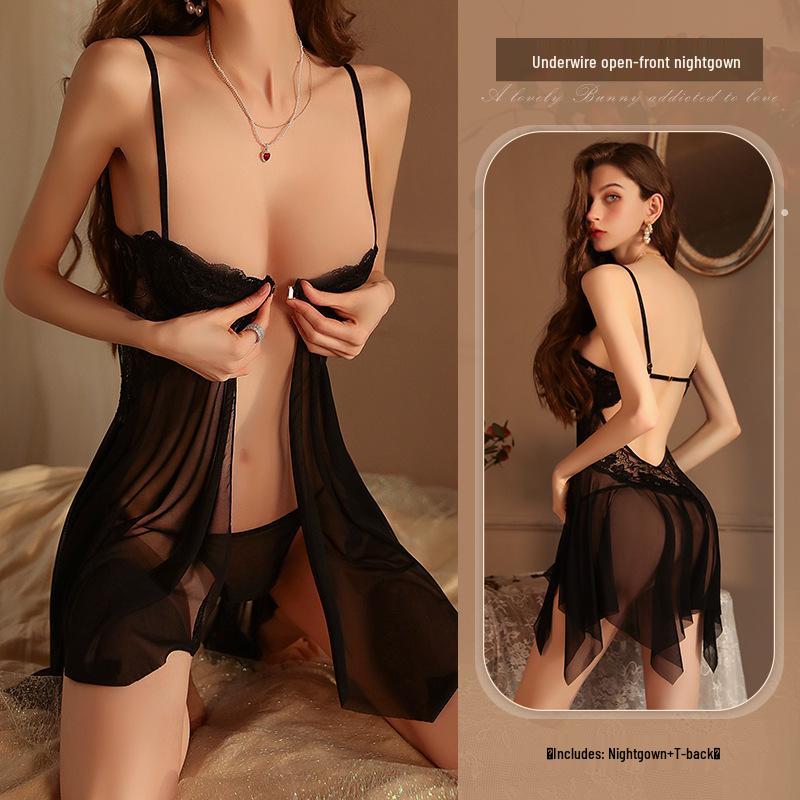 Elegant Lace Sheer Mesh Nightdress - Bust Enhancing, Plus Size, Thin Steel Ring, Sexy Summer Sling for Women