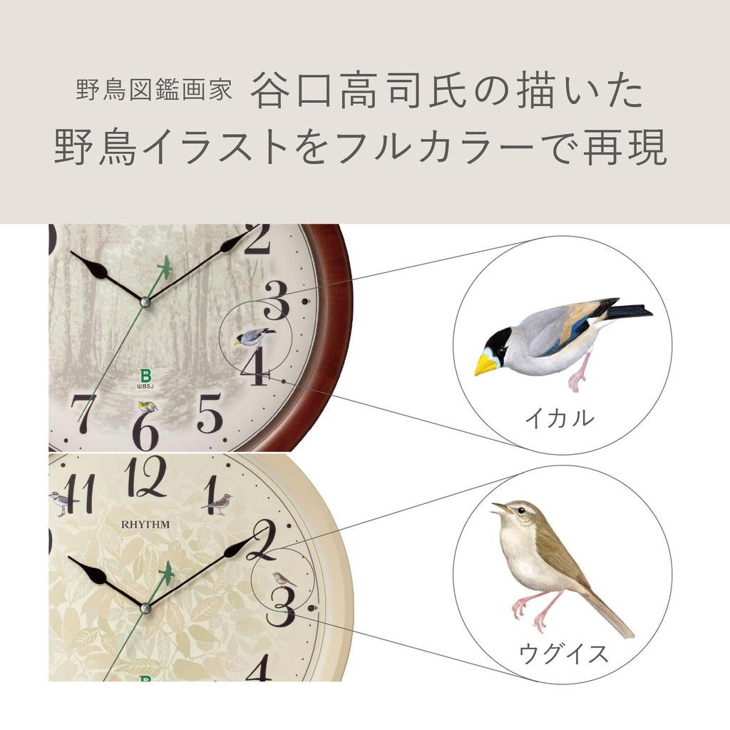 RHYTHM 8MN412SR06 Radio-Controlled Wall Clock with Bird Chimes, Brown Wood Frame