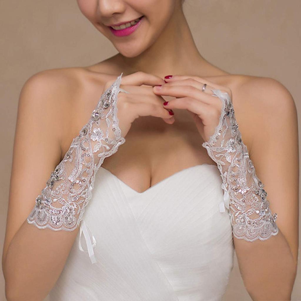 Mănuși de dantelă de nuntă pentru femei Mănuși de tul fără degete pentru mireasă Paiete de cristal Manșete pentru încheietura mâinii Mănuși cu cârlig alb pentru degete