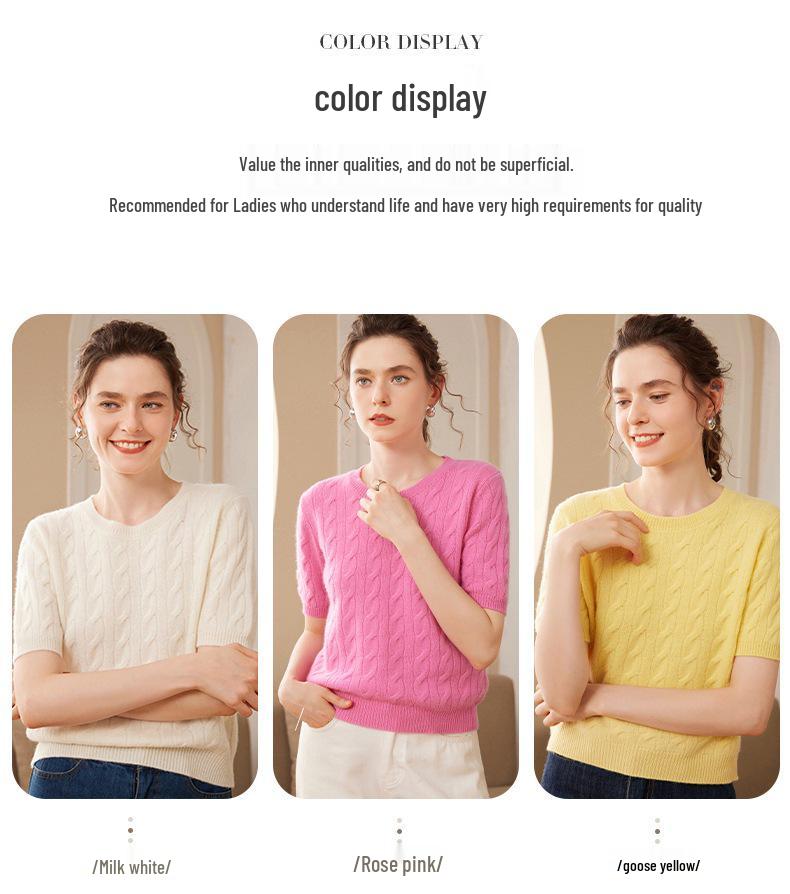 Women's Yellow Cable Knit Cashmere Short-Sleeve Sweater - Autumn/Winter Round Neck Pullover
