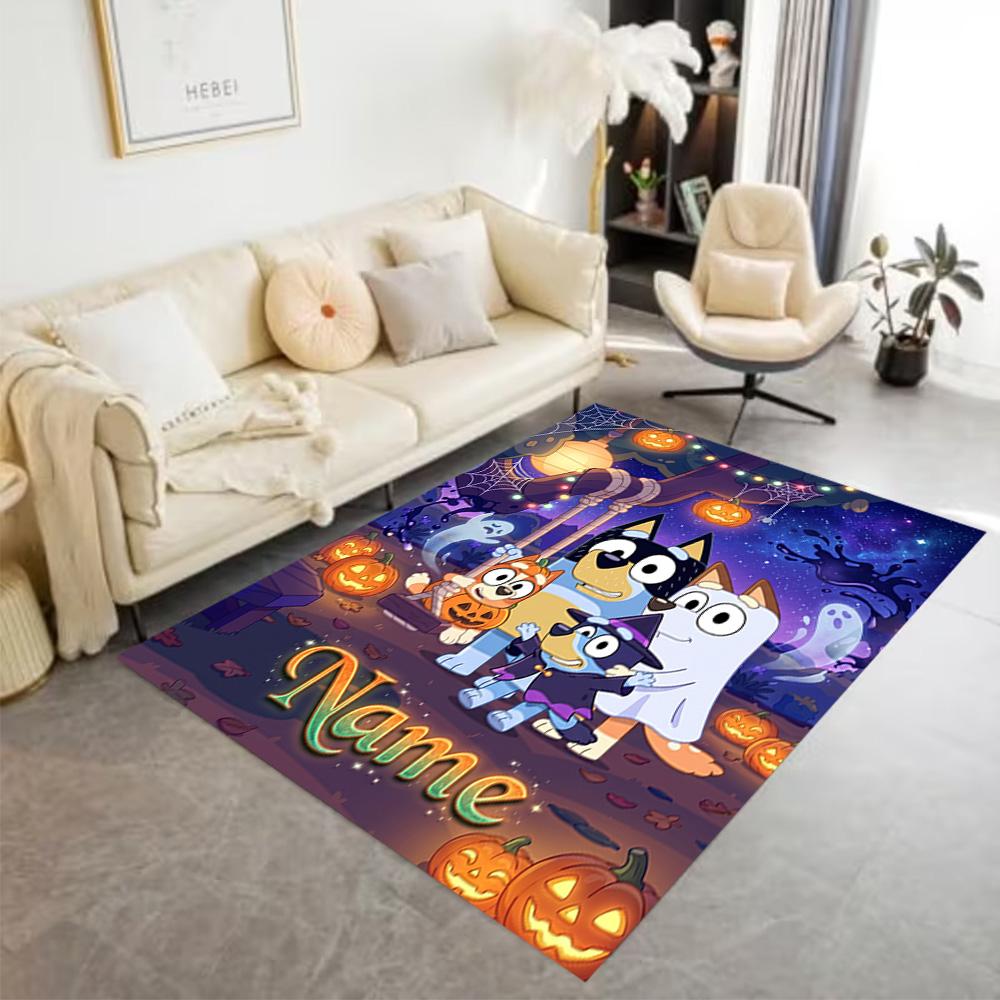 Bluey Halloween Party Customize Your Name Area Rug Design for Kitchen Foyer Outdoor Living Rooms Antislip Carpet Anime Office Decor Best for Christmas