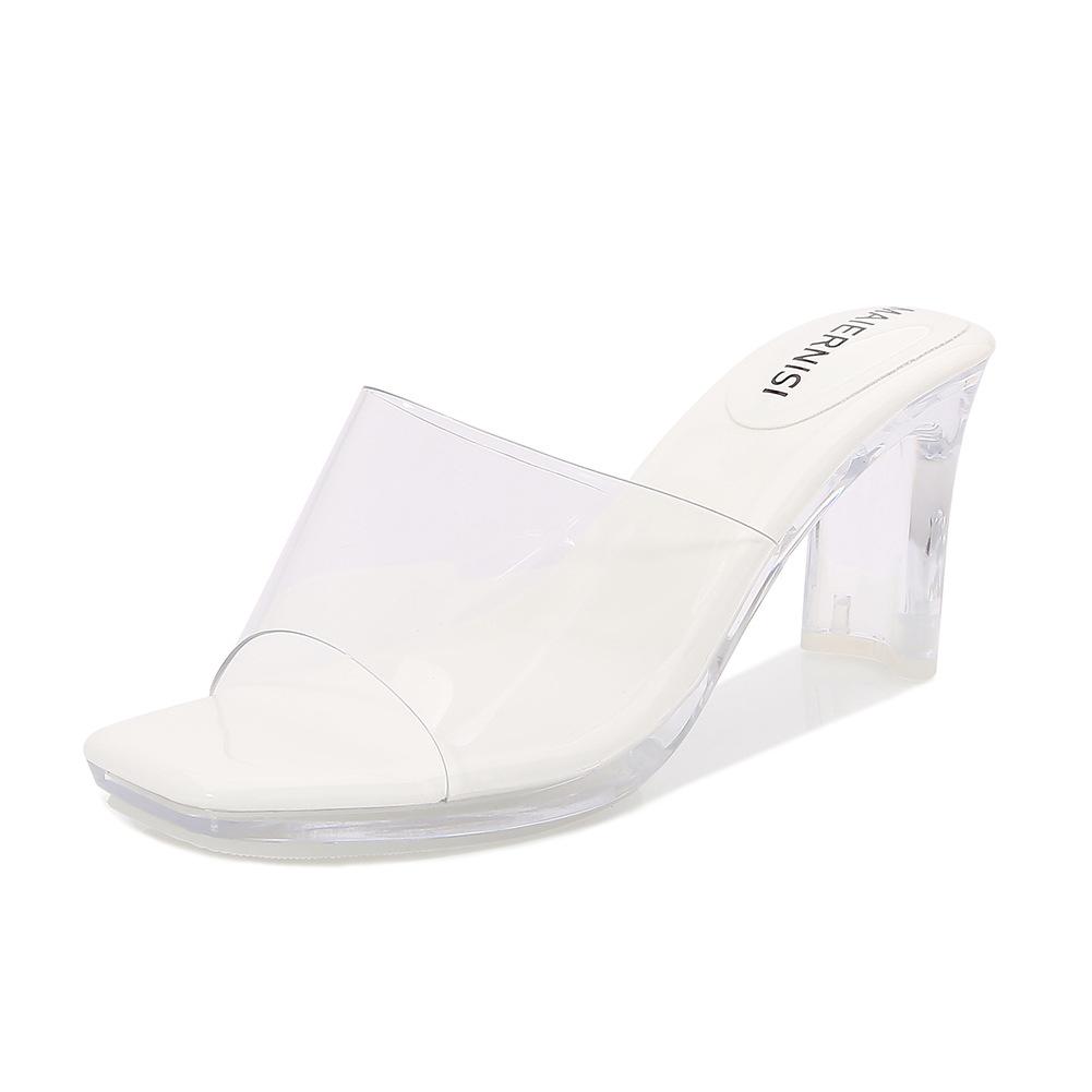 Summer sandals female thick heel square head fairy wearing fashionable silver crystal heel high heels