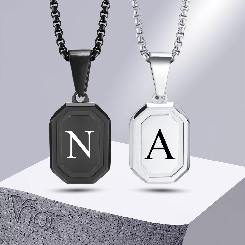 Collares Geométricos Iniciales Vnox para Hombres Mujeres, Colgante Cuadrado Rectángulo de Acero Inoxidable, A-Z 26 Letras Alfabeto Collar para Niño