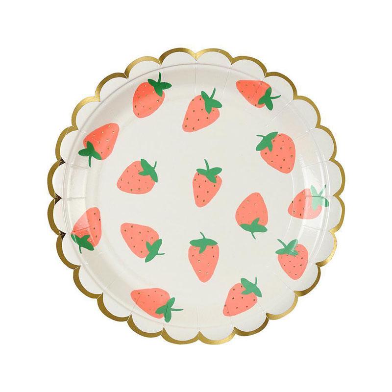 Fruit-Themed Disposable Picnic Set: Lemongrass, Strawberry, Watermelon, Pineapple Plates, Gold Foil Lace Party Plates, Cups & Napkins.
