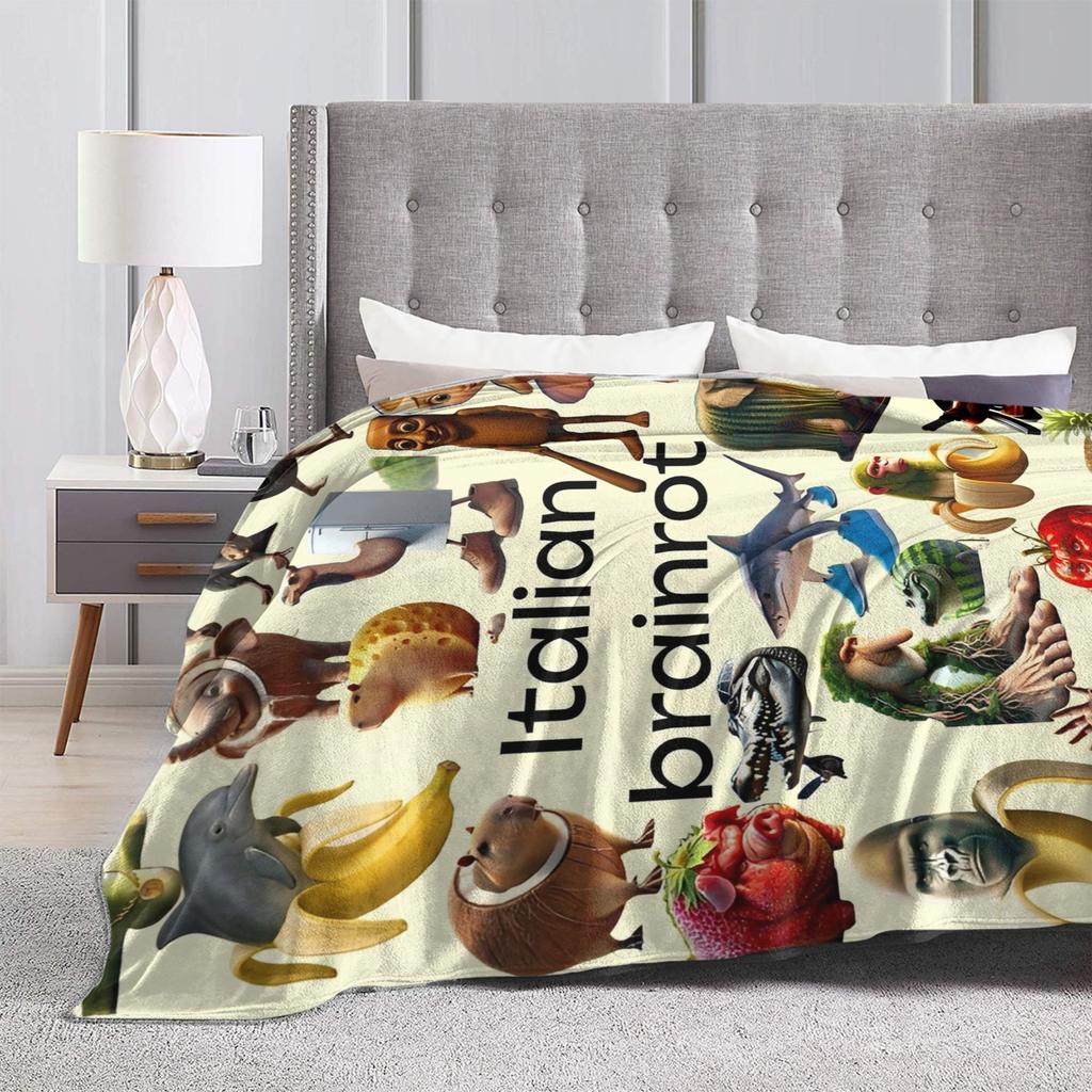 Italian Brainrot Funny AI Meme Blanket Flannel Print Tung Sahur Multi-function Ultra-Soft Throw Blanket Office Bedspread Quilt