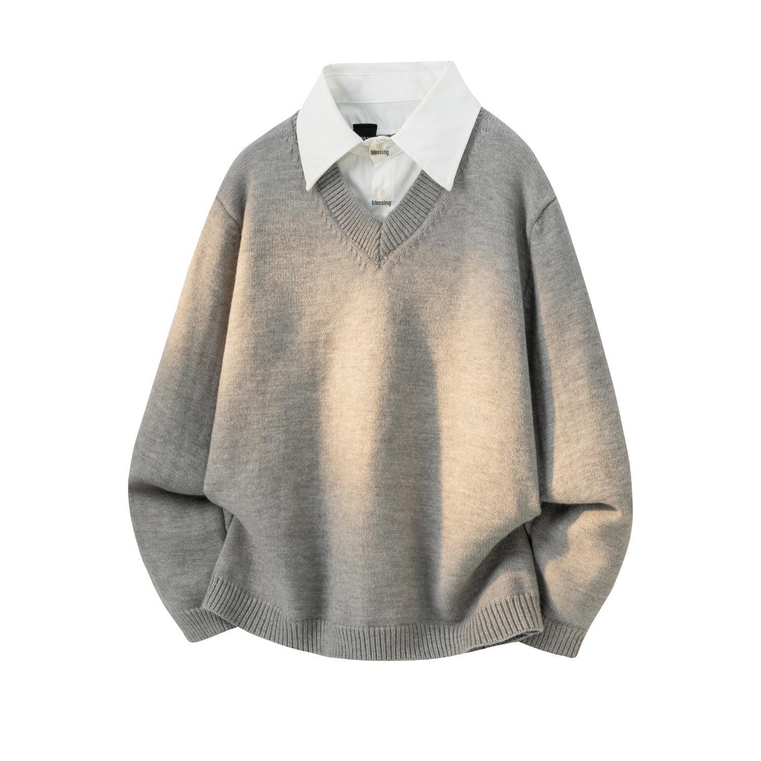 

Men s Autumn/Winter High-Intelligence Style Knit Sweater with Lapel - Old Money Aesthetic Large сірий колір