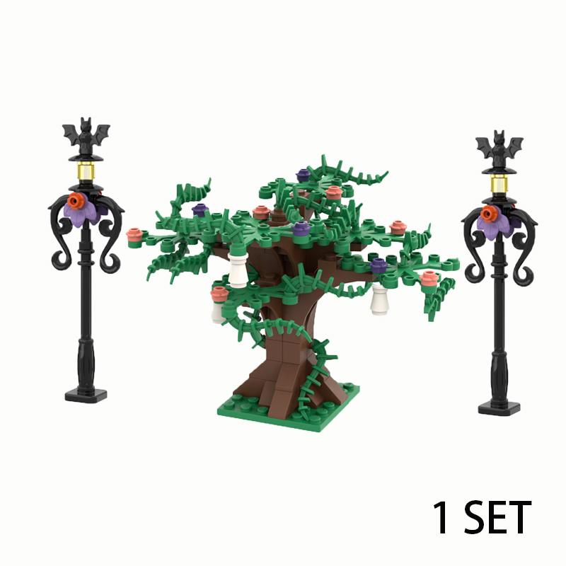 MOC Steine Mittelalter Alchemie Raum Küche Zauberer Trank Bausteine Teufelsquelle Schloss Straßenlaterne Hexen Figuren Szene Schädel