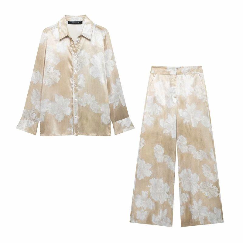 Kaslead New Arrival Women's Fashion Style Fashion Silk Satin Textured Shirt Pants 8925171 8799175