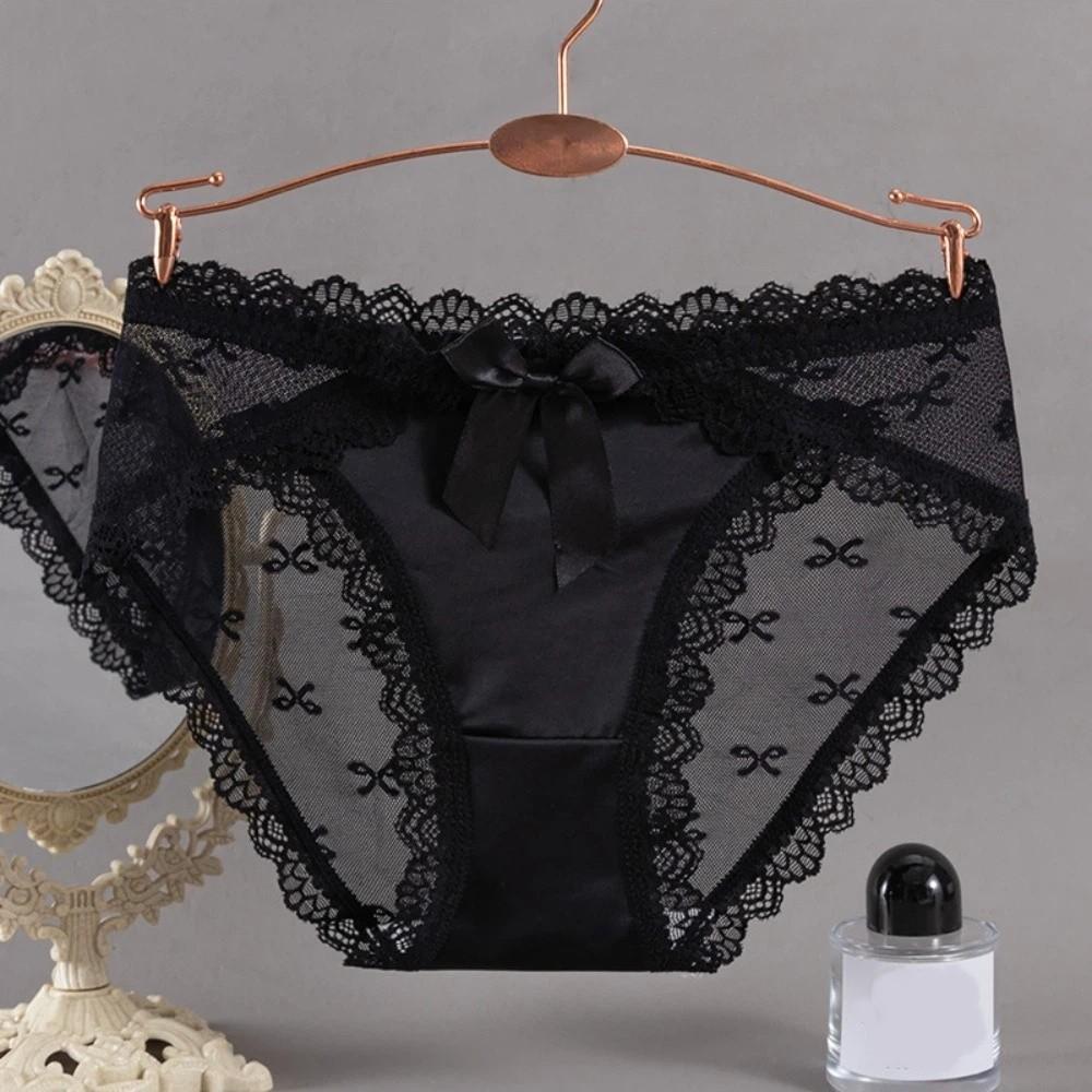 Bow Lace Panties Transparent Mesh Flower Briefs Breathable Underwear for Women  Lady