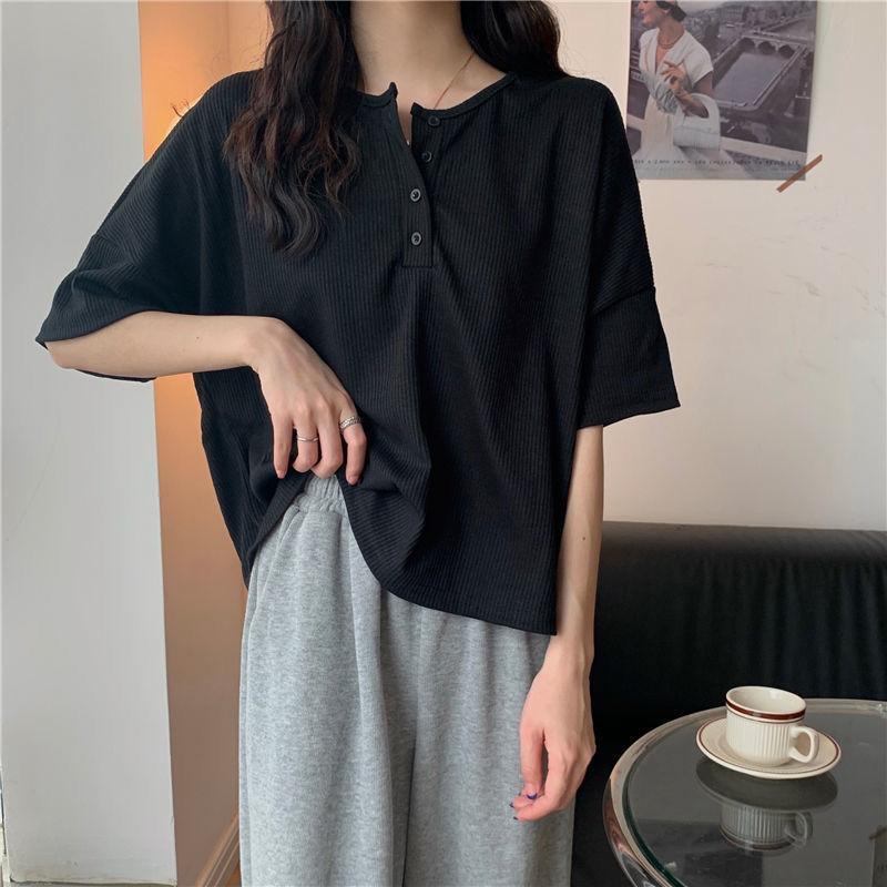 Women's V-neck Pullover Short Sleeve Summer New Casual Knitting Loose Top Solid Color T-shirt