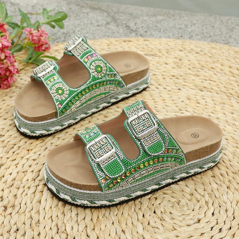 Women S Rhinestone Thick Sole Slide Sandals Soft Cork Belt Buckle Beach