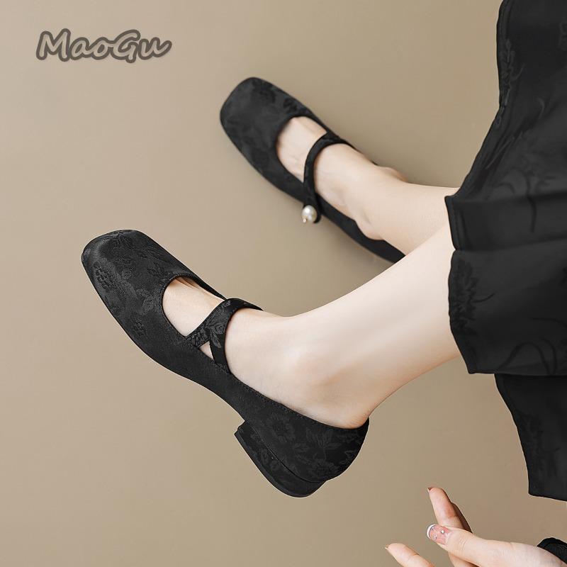 Fashion Elegant Square Toe Low Heel Pumps Women's Thick Heeled Chinese Style Mary Jane Shoes Shallow Mouth Comfortable Shoes for Women