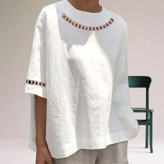 O-Neck pół rękawa damska bluzka drążą koronkowe szwy luźny krój cienka jednokolorowa koszula retro Top Streetwear