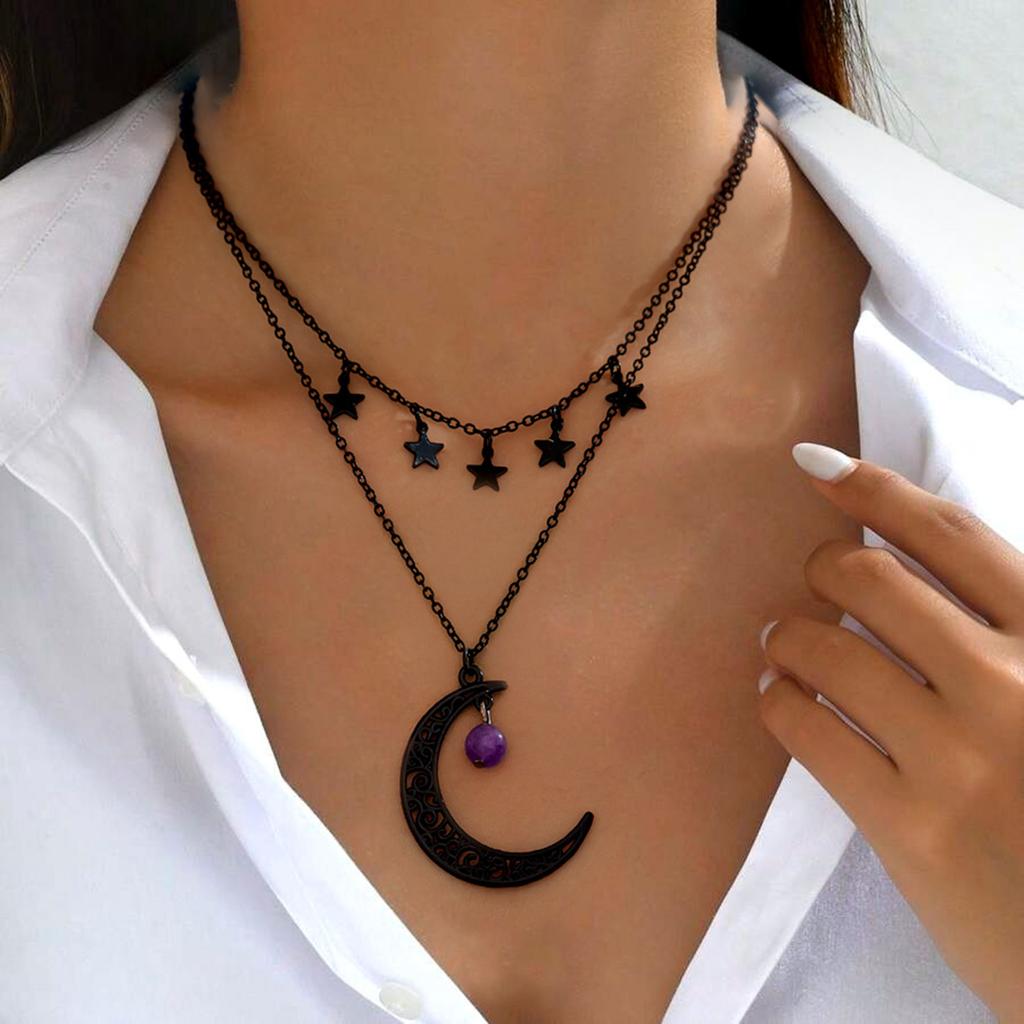 Gothic Necklace Hollow Moon Star Pendant Neckchain for Women Fashionable Jewelry Gift For Parties and Festivals