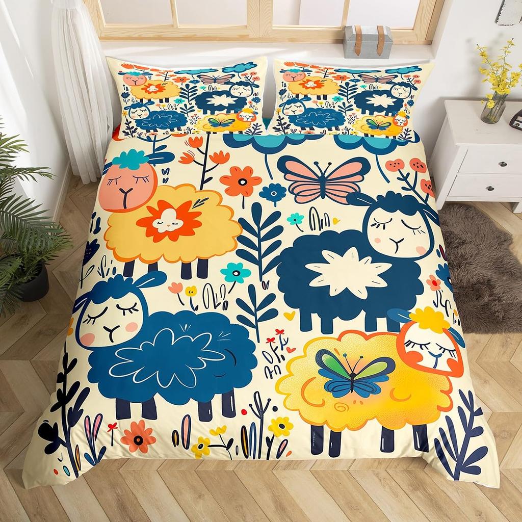 Cute Sheep Duvet Cover King Queen Funny Animal Floral Bedding Set Kids Cartoon Farm Animal Comforter Cover Polyester Quilt Cover