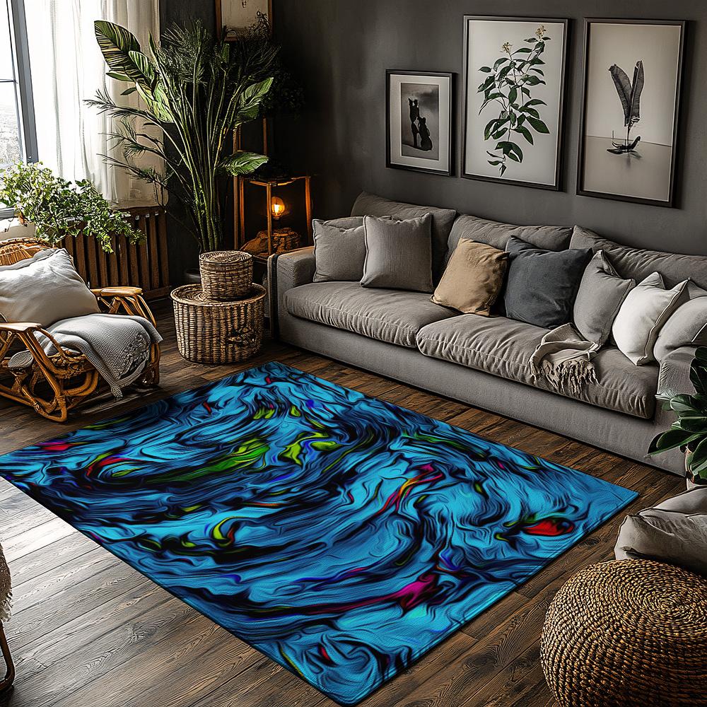 

Abstract Ocean Blue Rug, Multicolor Wave Pattern Carpet for Living Room, Soft Non-Slip Sofa Mat with Coastal Decor 50x80cm